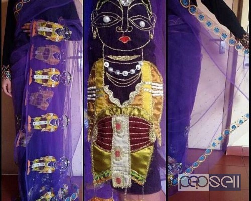 Purple hand-embroidered net sari with multicolour blouse 0 