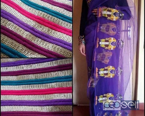 Purple hand-embroidered net sari with multicolour blouse 1 