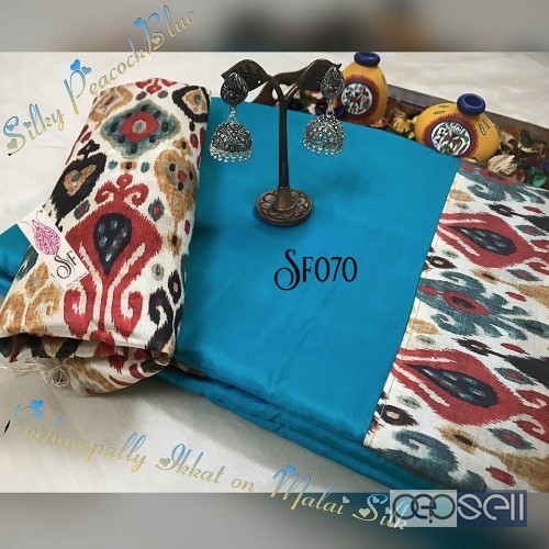 SF070 brand malai silk sarees with ikkat border and blouse non catalog at wholesale moq- 6pcs no singles price- rs750 each 0 