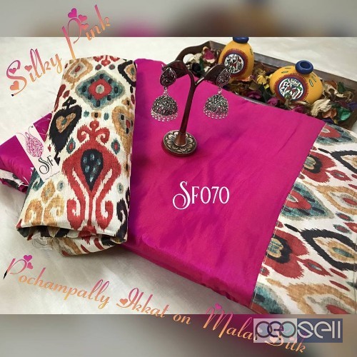 SF070 brand malai silk sarees with ikkat border and blouse non catalog at wholesale moq- 6pcs no singles price- rs750 each 1 