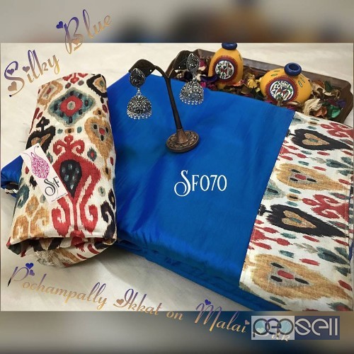 SF070 brand malai silk sarees with ikkat border and blouse non catalog at wholesale moq- 6pcs no singles price- rs750 each 3 