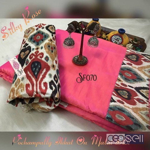 SF070 brand malai silk sarees with ikkat border and blouse non catalog at wholesale moq- 6pcs no singles price- rs750 each 4 