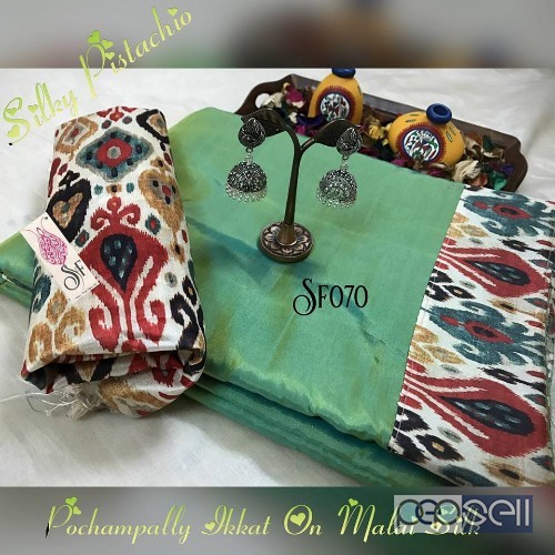 SF070 brand malai silk sarees with ikkat border and blouse non catalog at wholesale moq- 6pcs no singles price- rs750 each 5 