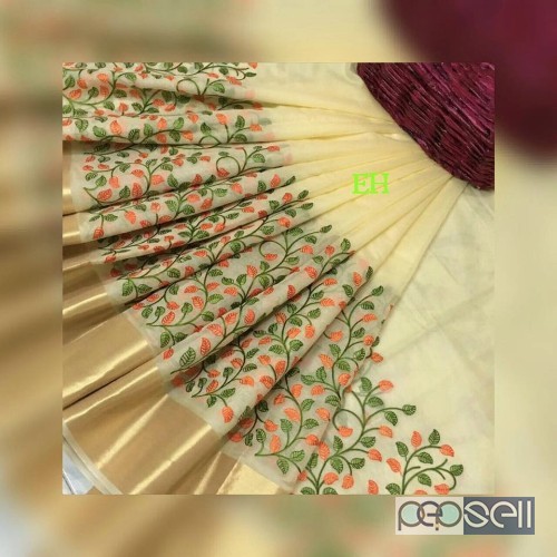 EH brand leaf embroidery sarees fabric- kerala cotton silk price- rs800x4pcs no singles 1 