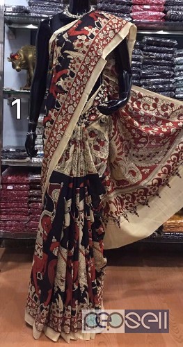 Pen kalamkari work printed cotton sarees at wholesale price- rs1500 each moq- 5pcs no singles or retail 4 