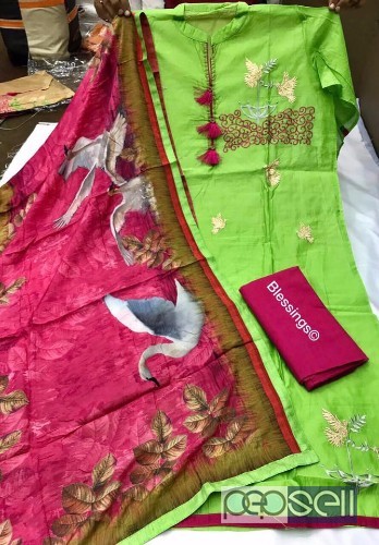 blessings brand chanderi collection suits at wholesale- rs1100 each Chanderi emb shirt zari work , cotton bottom , digital printed duppata Fitt up to  1 