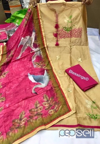 blessings brand chanderi collection suits at wholesale- rs1100 each Chanderi emb shirt zari work , cotton bottom , digital printed duppata Fitt up to  2 
