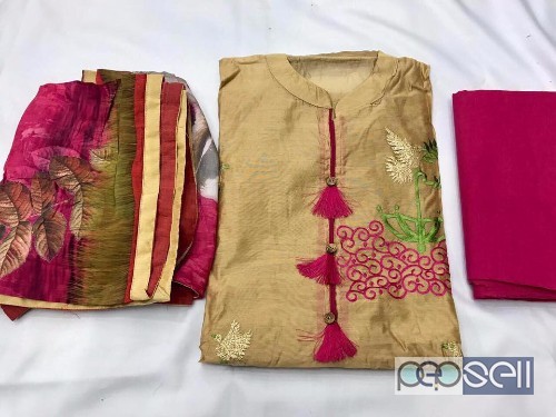 blessings brand chanderi collection suits at wholesale- rs1100 each Chanderi emb shirt zari work , cotton bottom , digital printed duppata Fitt up to  5 