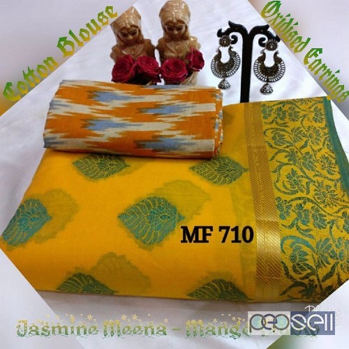 MF710 BRAND cotton sarees with ikkat printed blouse at wholesale- rs750 each moq- 10pcs no singles or retail wholesalecatalogbazaar@gmail.com 0 