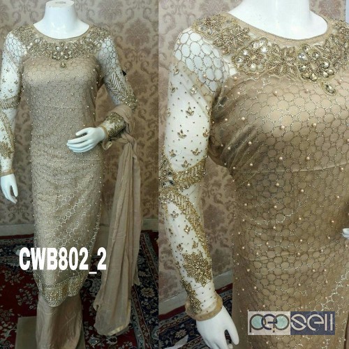 cwb-802 brand Shirt georgete embroided  Imported fabrix .. Pearls work  Sleeves work  Bust 46 aprx  Bottom shantoon  Dupata chiffon pure singles avail 0 