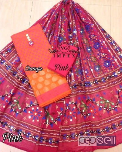 elegant vg banarasi chanderi embroidered suits with cotton bottom and  cotton kutch dupatta with mirror work 2 