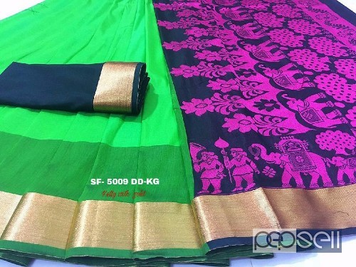 SF 5009 brand sarees non catalog Contrast rich pallu with Kalamkari thread work designs  Contrast plain black color blouse with jari border both side  0 
