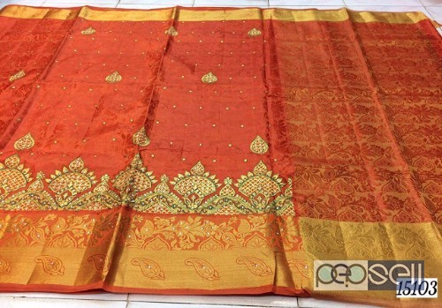 elegant pure soft embose tussar silk sarees with embroidery work and running blouse available 3 