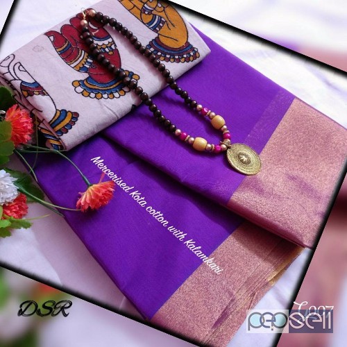DSR - Mercerised Kota cotton sarees with beautiful matching Kalamkari blouse n handmade wooden beads Mala combo price- rs750 each moq- 10pcs no single 0 