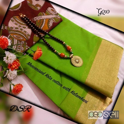 DSR - Mercerised Kota cotton sarees with beautiful matching Kalamkari blouse n handmade wooden beads Mala combo price- rs750 each moq- 10pcs no single 1 