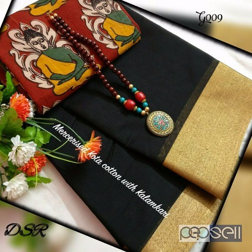 DSR - Mercerised Kota cotton sarees with beautiful matching Kalamkari blouse n handmade wooden beads Mala combo price- rs750 each moq- 10pcs no single 2 