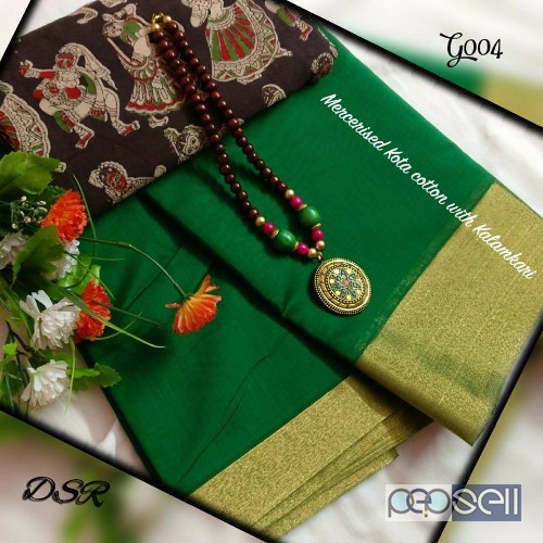 DSR - Mercerised Kota cotton sarees with beautiful matching Kalamkari blouse n handmade wooden beads Mala combo price- rs750 each moq- 10pcs no single 3 