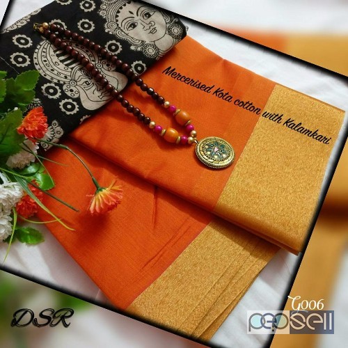 DSR - Mercerised Kota cotton sarees with beautiful matching Kalamkari blouse n handmade wooden beads Mala combo price- rs750 each moq- 10pcs no single 5 