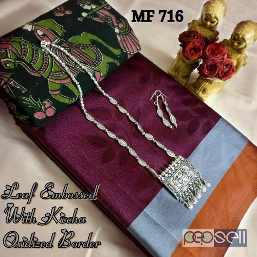 elegant mf leaf embossed butter silk sarees with running blouse and extra kalamkari blouse and jewellery 2 