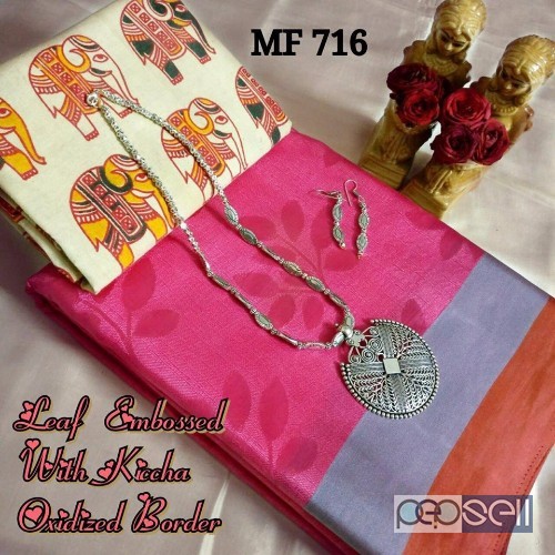 elegant mf leaf embossed butter silk sarees with running blouse and extra kalamkari blouse and jewellery 4 