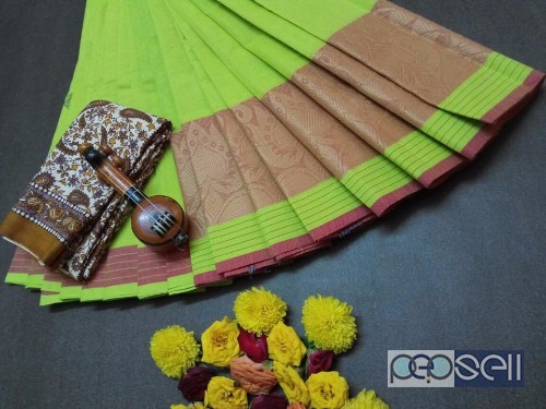 elegant chettinad cotton sarees with thread work on border and thread butta work all over with kalamkari blouse 0 