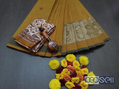 elegant chettinad cotton sarees with thread work on border and thread butta work all over with kalamkari blouse 3 