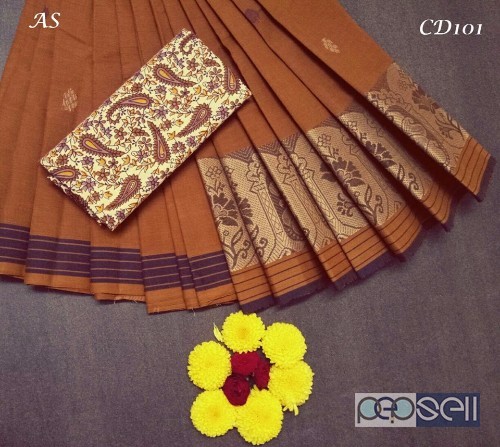 elegant chettinad cotton sarees with thread work on border and thread butta work all over with kalamkari blouse 4 