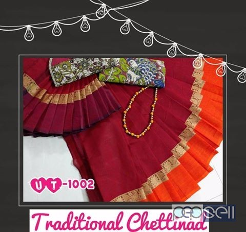 elegant UT chettinad cotton sarees with kalamkari blouse, neckpiece and clutch bag avaialble 1 