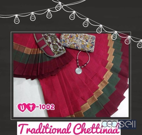 elegant UT chettinad cotton sarees with kalamkari blouse, neckpiece and clutch bag avaialble 2 