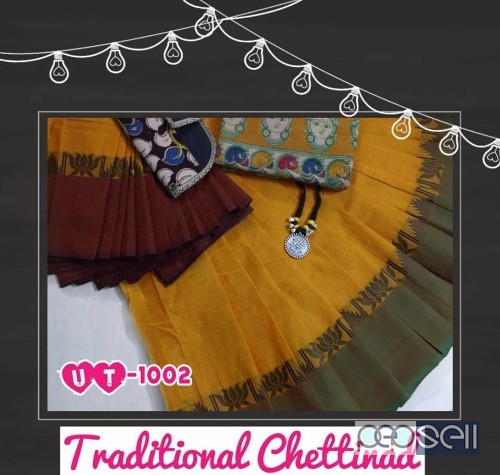 elegant UT chettinad cotton sarees with kalamkari blouse, neckpiece and clutch bag avaialble 3 