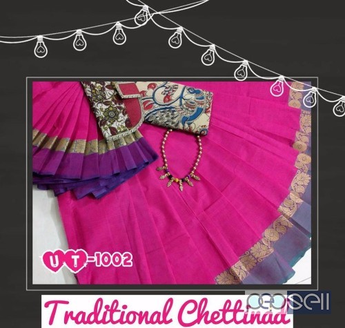 elegant UT chettinad cotton sarees with kalamkari blouse, neckpiece and clutch bag avaialble 4 