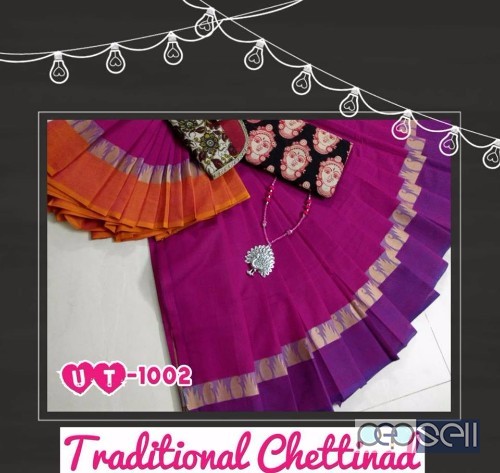 elegant UT chettinad cotton sarees with kalamkari blouse, neckpiece and clutch bag avaialble 5 
