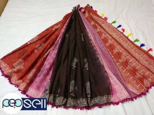 Pompom saree - Soft Cotton malmal Saree with blouse for sale in Kochi 0 