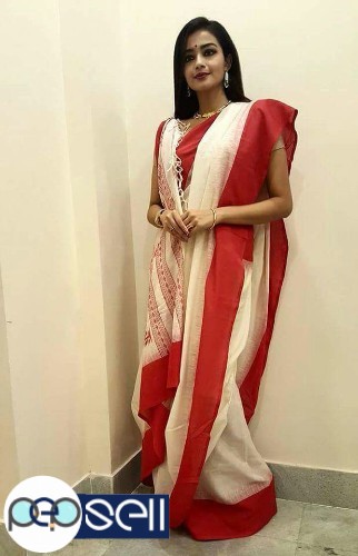 linen by cotton handloom saree with contrast blouse piece - Kerala Kochi Ernakulam 0 