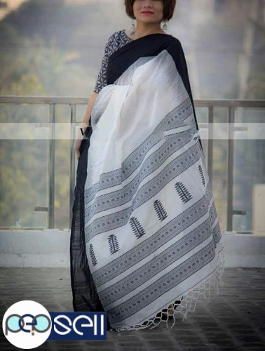 linen by cotton handloom saree with contrast blouse piece - Kerala Kochi Ernakulam 1 
