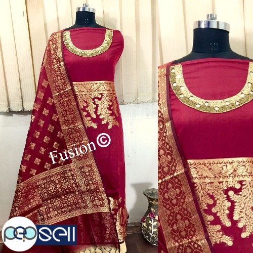 Beautful combination of top with neck hand work  dupatta in Banarsi chanderi silk salwar Ernakulam Kerala Kochi  0 