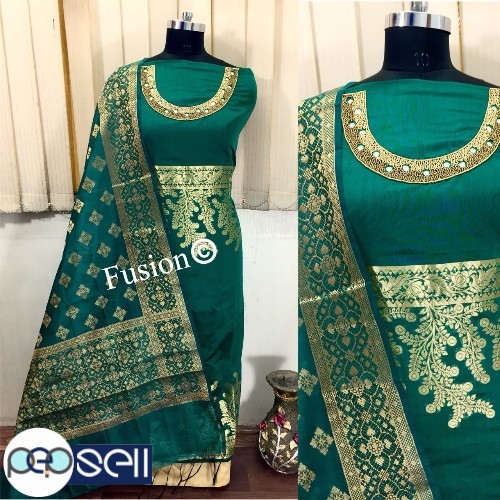 Beautful combination of top with neck hand work  dupatta in Banarsi chanderi silk salwar Ernakulam Kerala Kochi  2 