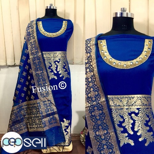 Beautful combination of top with neck hand work  dupatta in Banarsi chanderi silk salwar Ernakulam Kerala Kochi  3 