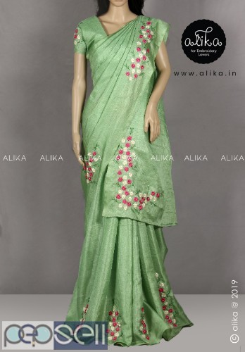 Green semi jute silk saree with multicolor ribbon work 0 