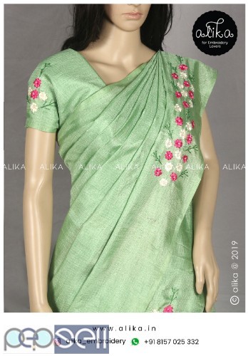 Green semi jute silk saree with multicolor ribbon work 1 