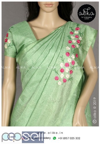 Green semi jute silk saree with multicolor ribbon work 2 