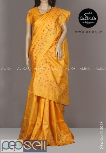 Yellow Tussar silk saree with full border embroidery work 0 